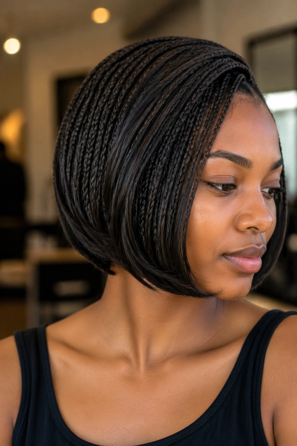 Close-up profile of a real woman with faux bob created by hidden box braids and crochet