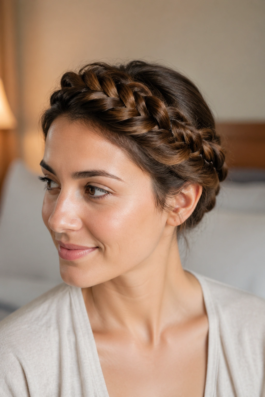 Close-up of a real woman with a faux crown braid created from twists and pins around the head