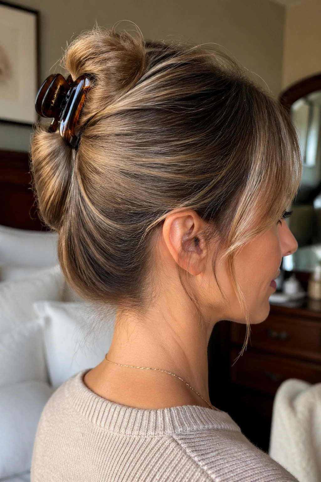 Close-up portrait of a real woman with a clipped faux French twist secured by a clip