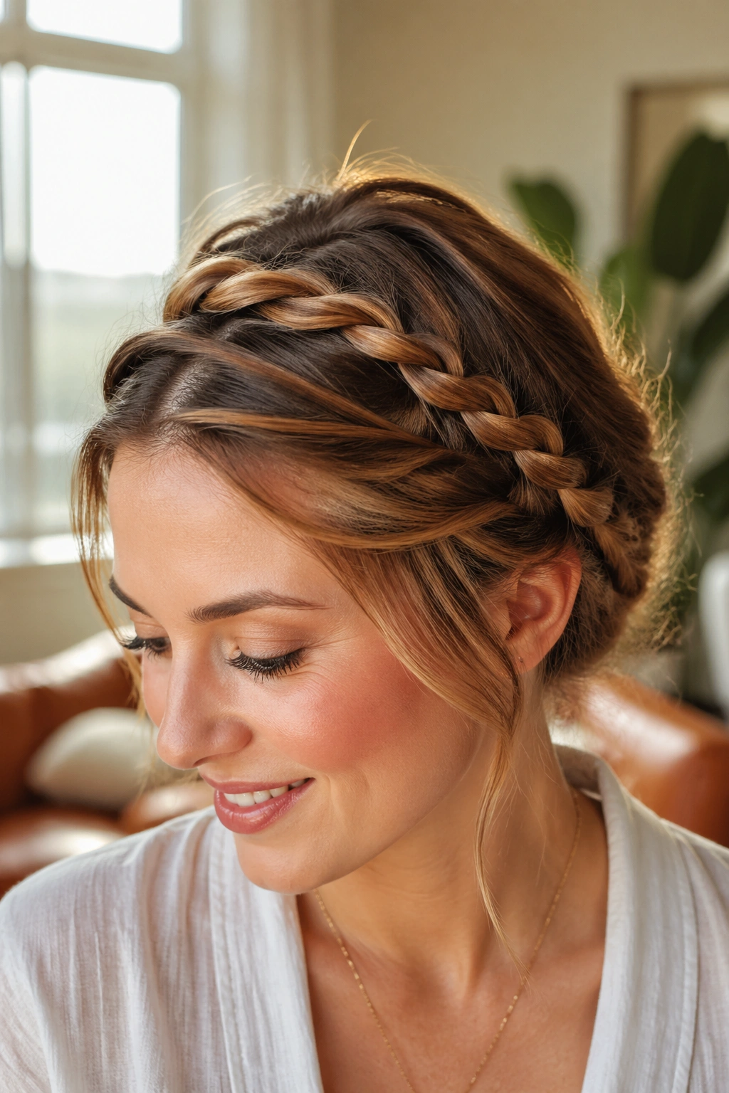 Portrait of a real woman with twist-and-braid faux halo