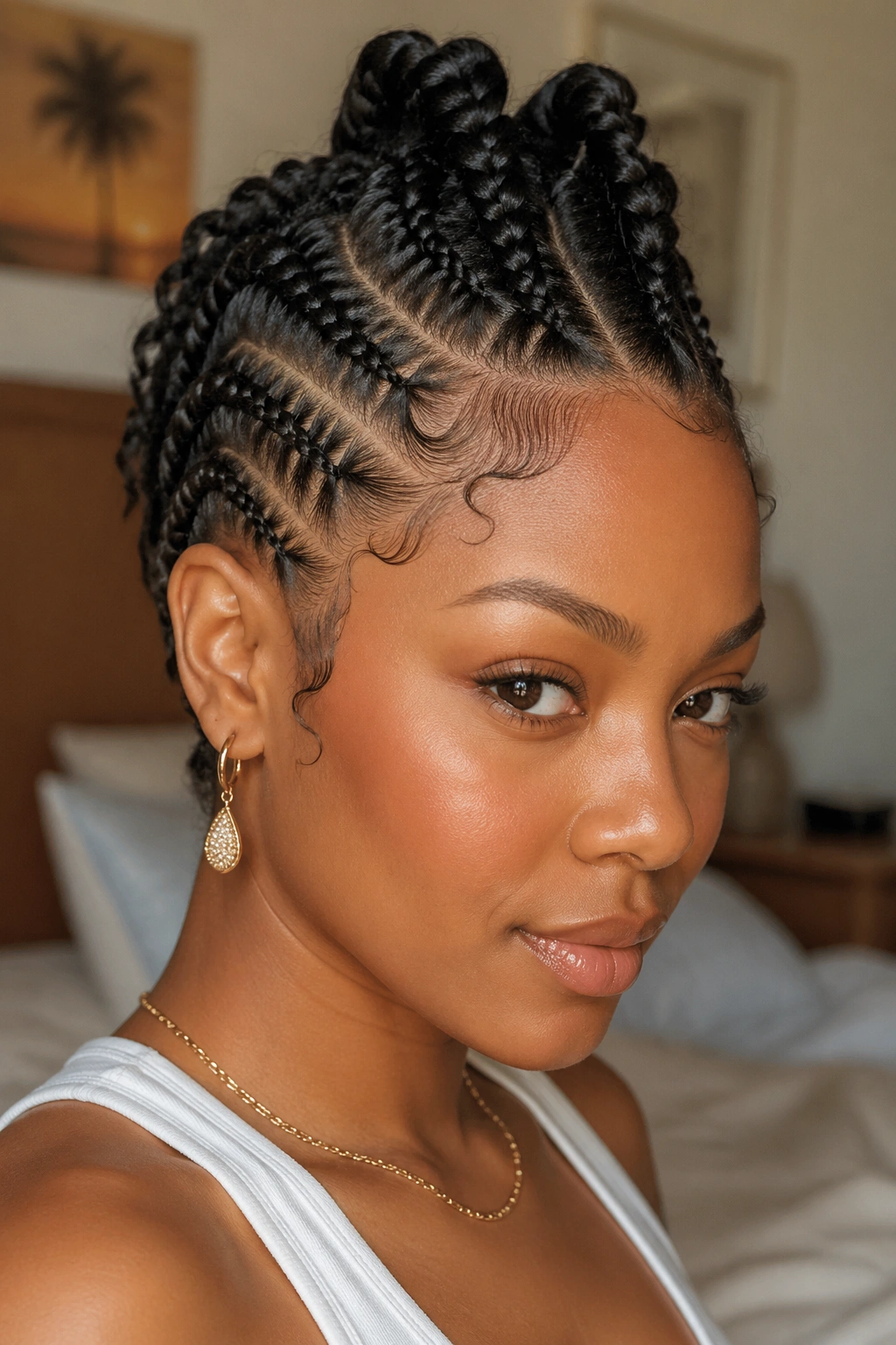 Close-up of a real person wearing a braided faux hawk with a lifted center strip and soft edges in warm window light