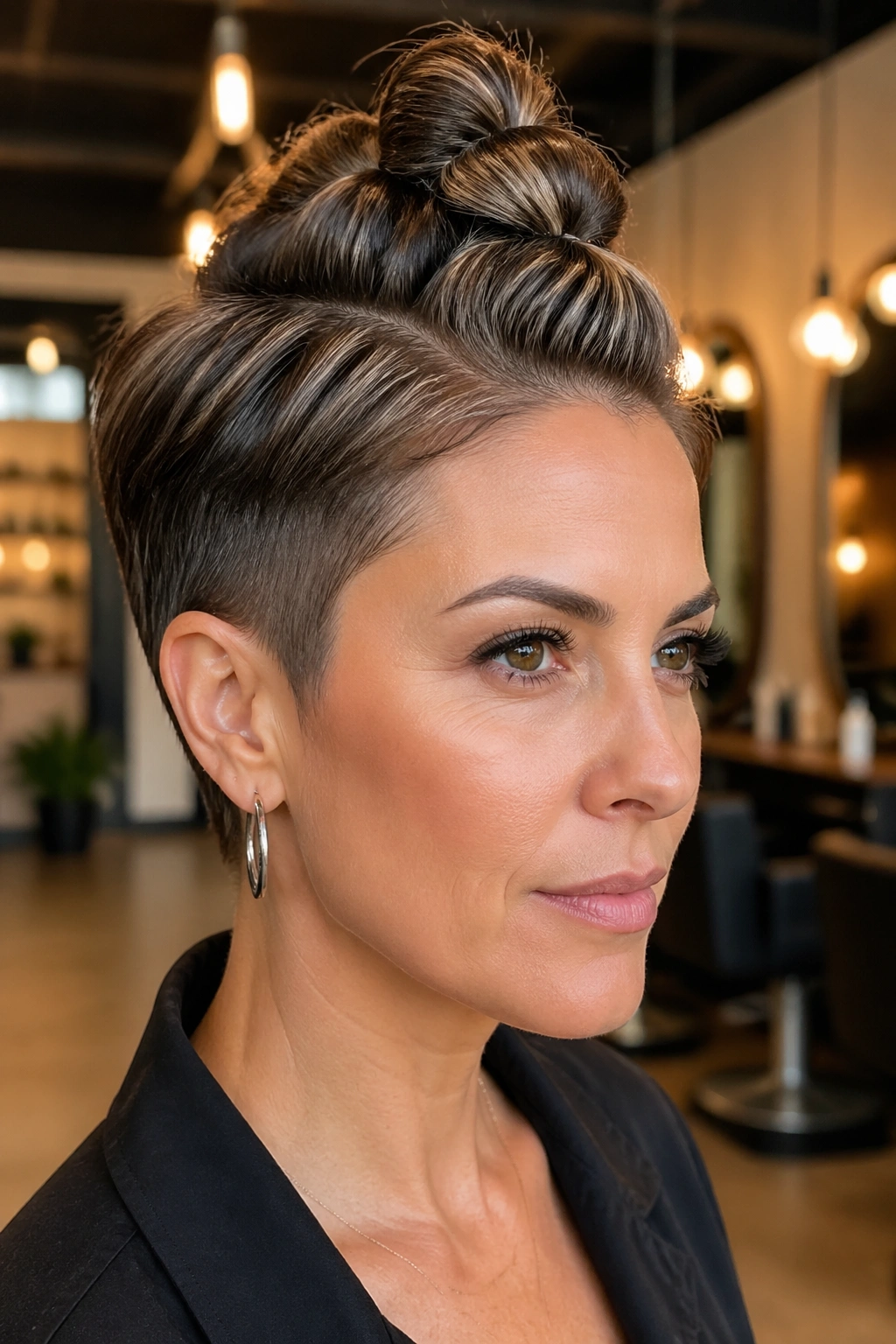 Close-up of a real person with a faux-hawk bubble braid on a pixie