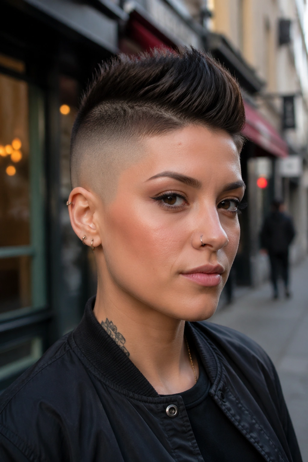 Close-up portrait of a real person with a faux hawk fade against an urban street background