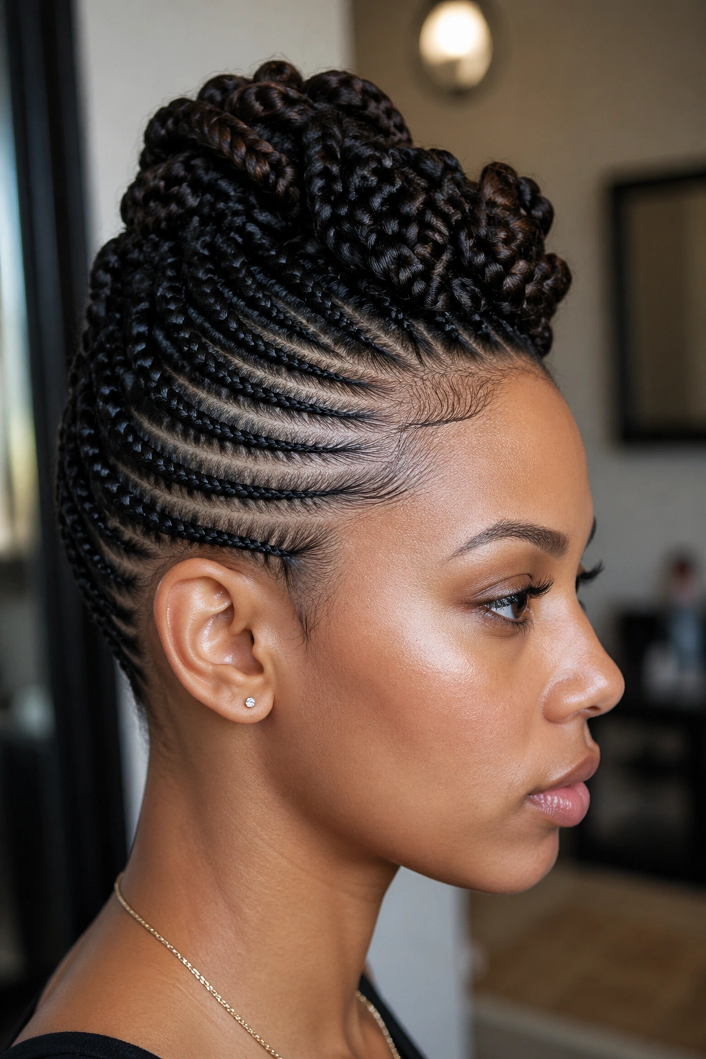 Close-up of a real woman with a faux hawk updo and pinned sides