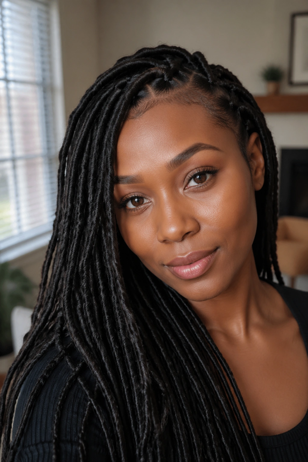 Close-up of a real person wearing faux loc crochet braids