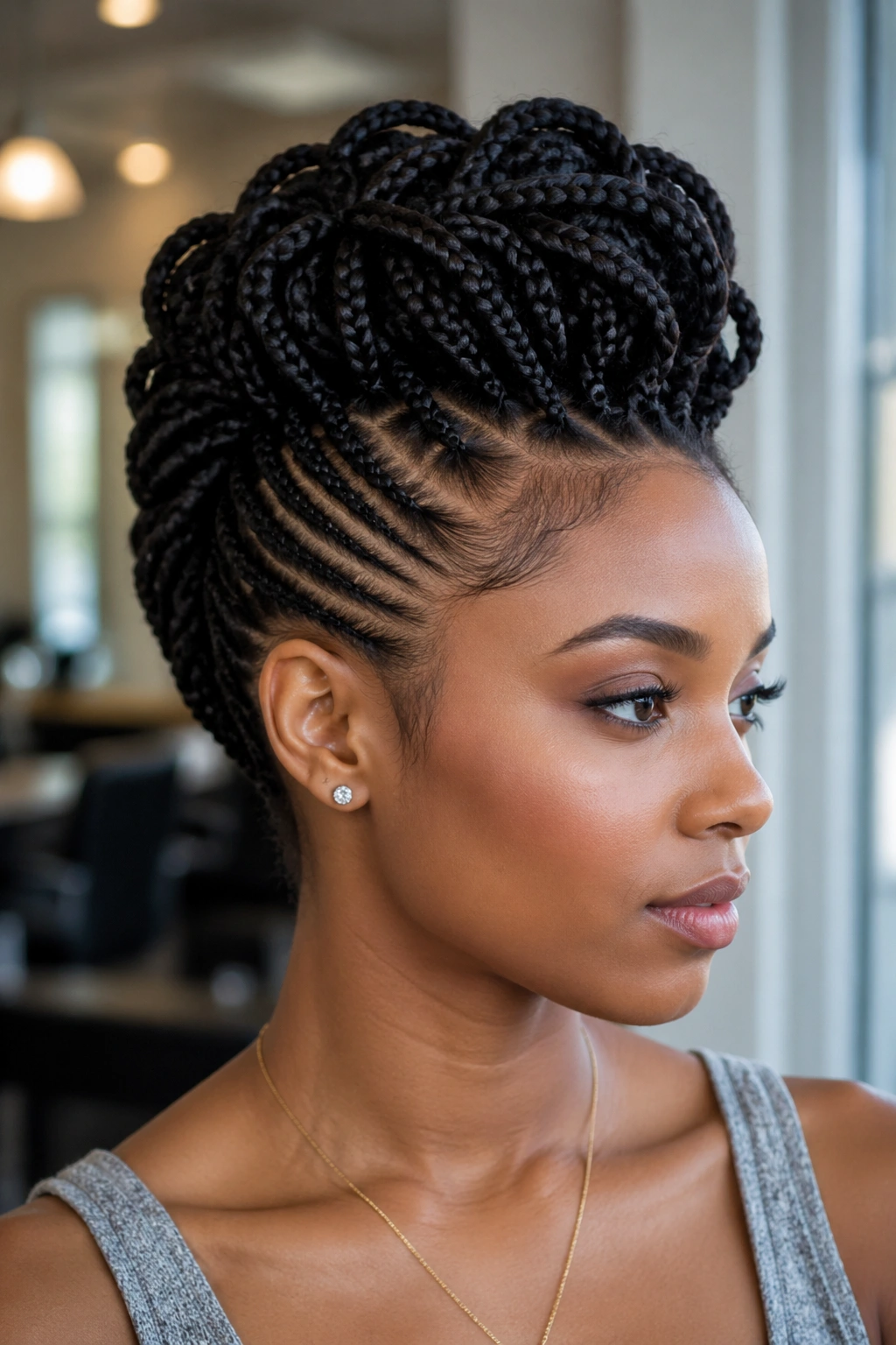 Close-up of a real person with a faux mohawk updo featuring a center volume and smooth sides