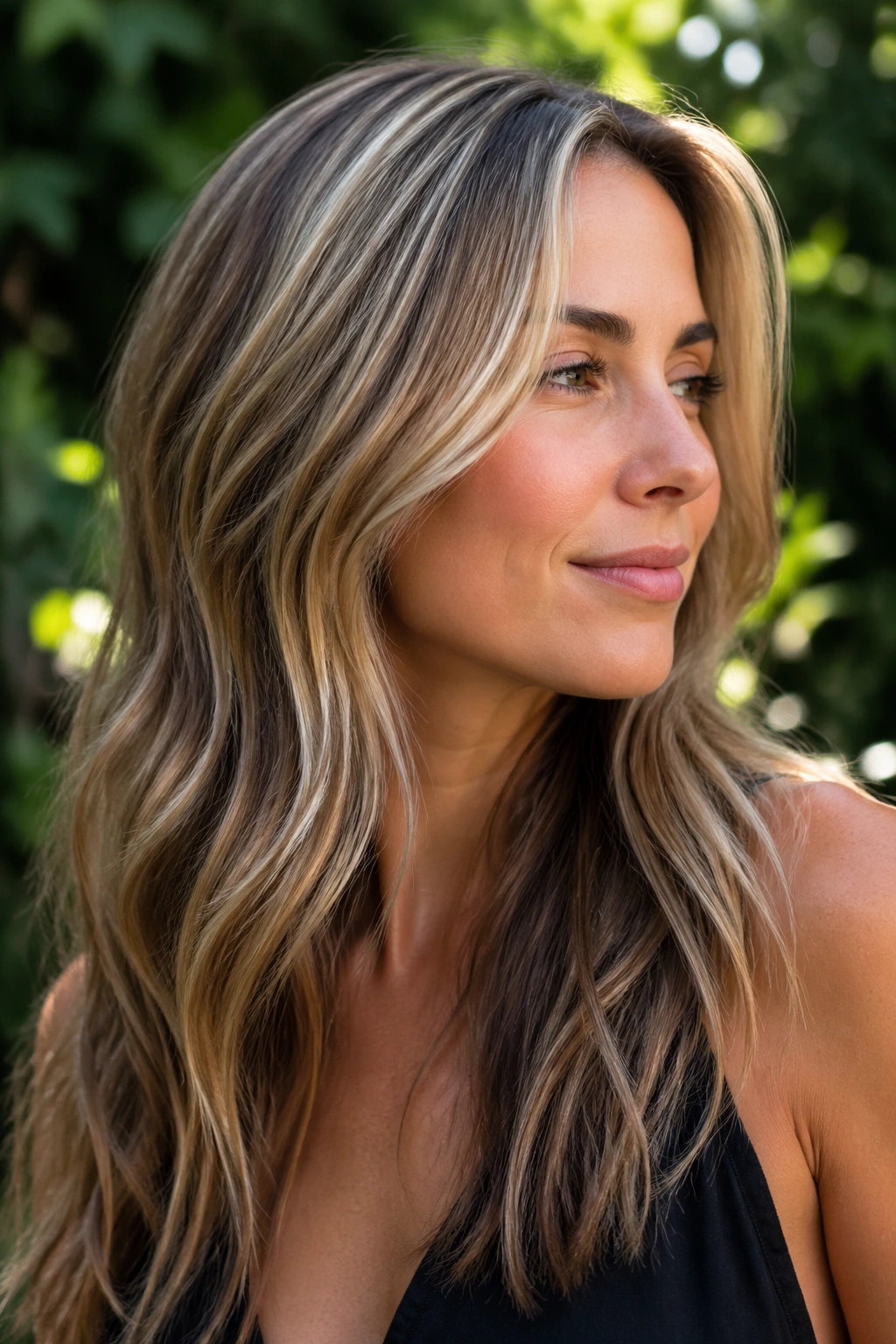 Close-up portrait of a real woman with feathered ash lowlights in dirty blonde hair