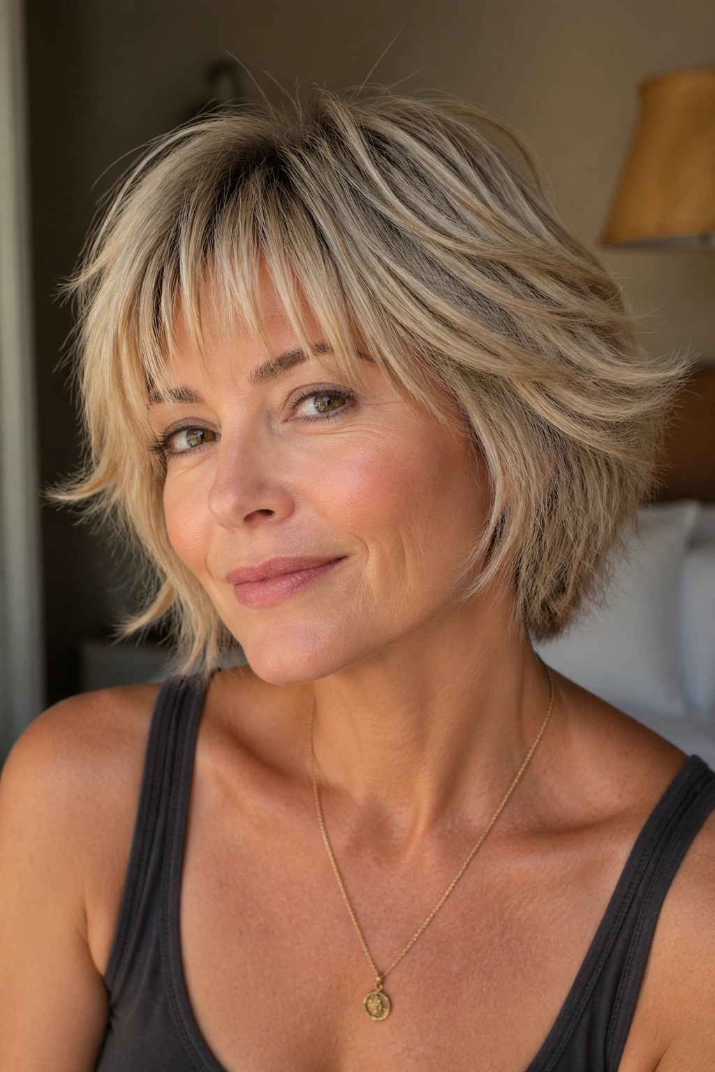 Close-up portrait of a real woman with a feathered bixie and airy ends in a sunlit bedroom