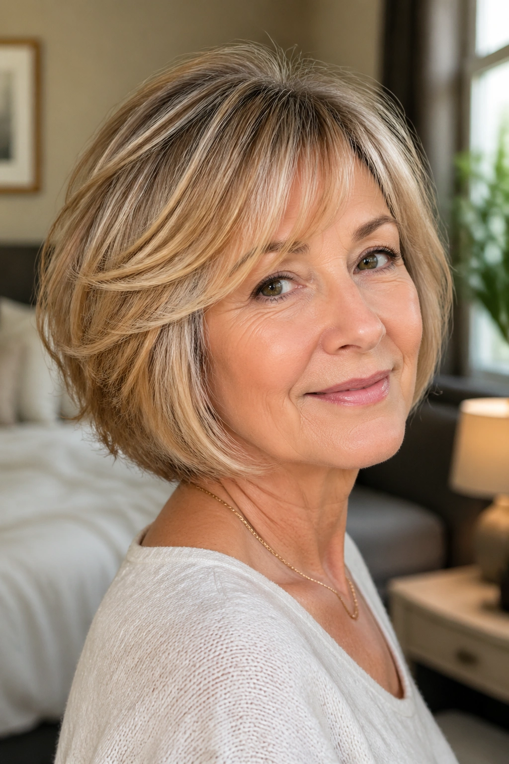Real woman with feathered bob lifting fine hair with light layers, in warm window light.