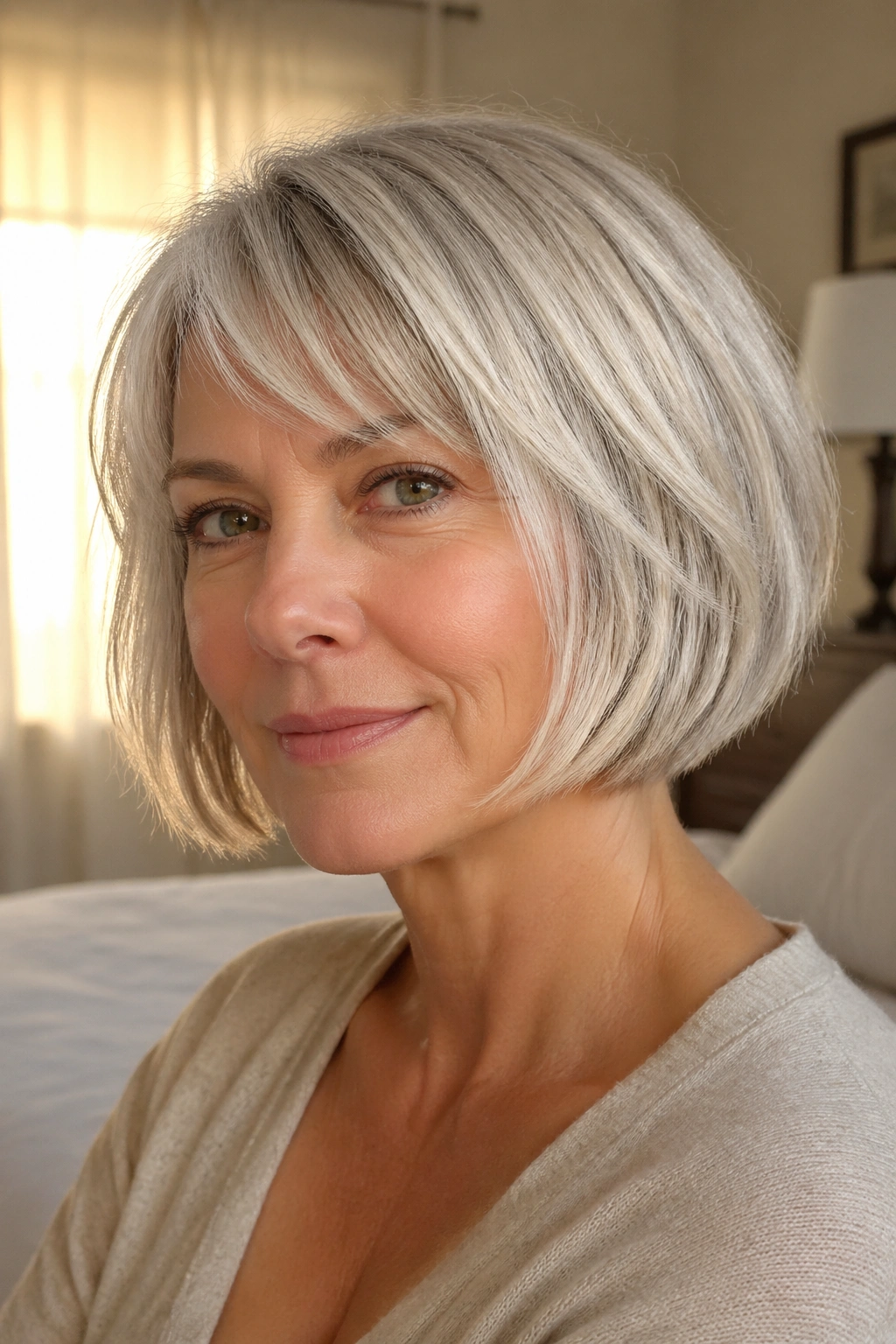 Close-up of a real woman with a feathered chin-length razor bob hairstyle