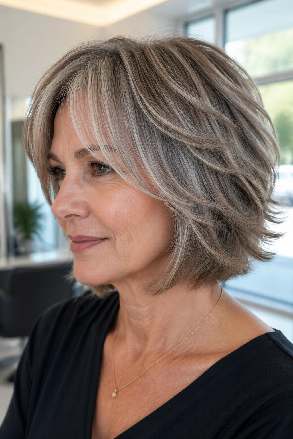 Close-up of real woman with feathered bob shag hairstyle