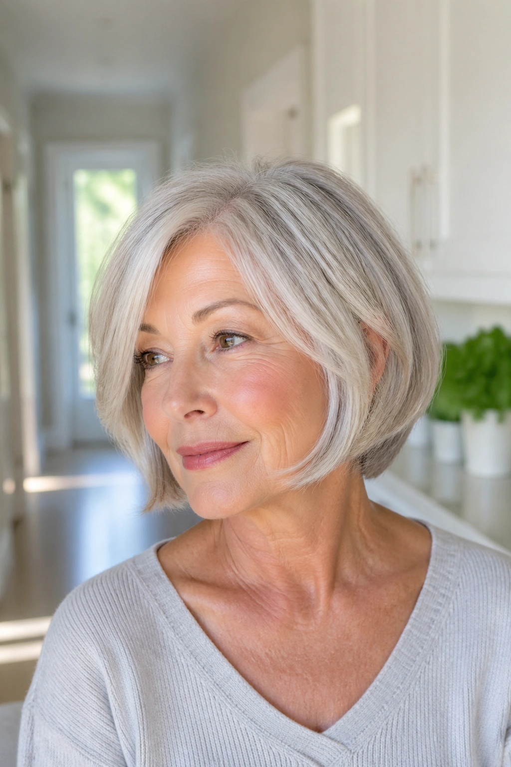 Real woman with feathered bob and soft ends in bright interior lighting