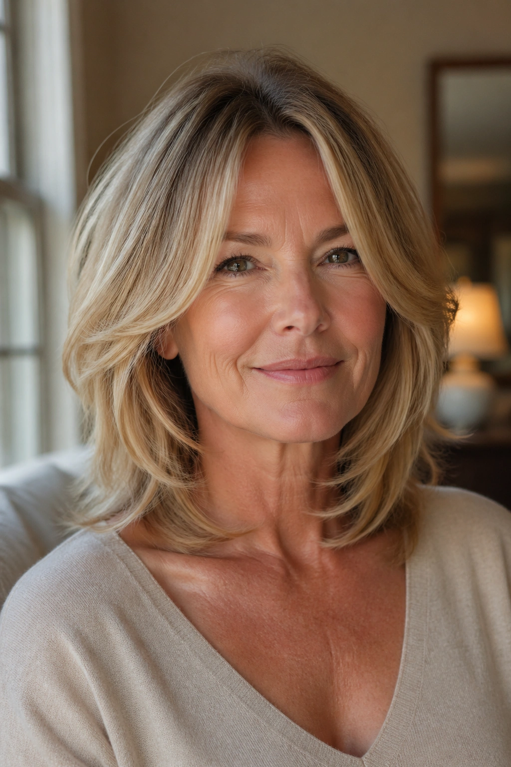 Close-up portrait of a woman with feathered collarbone-length layers