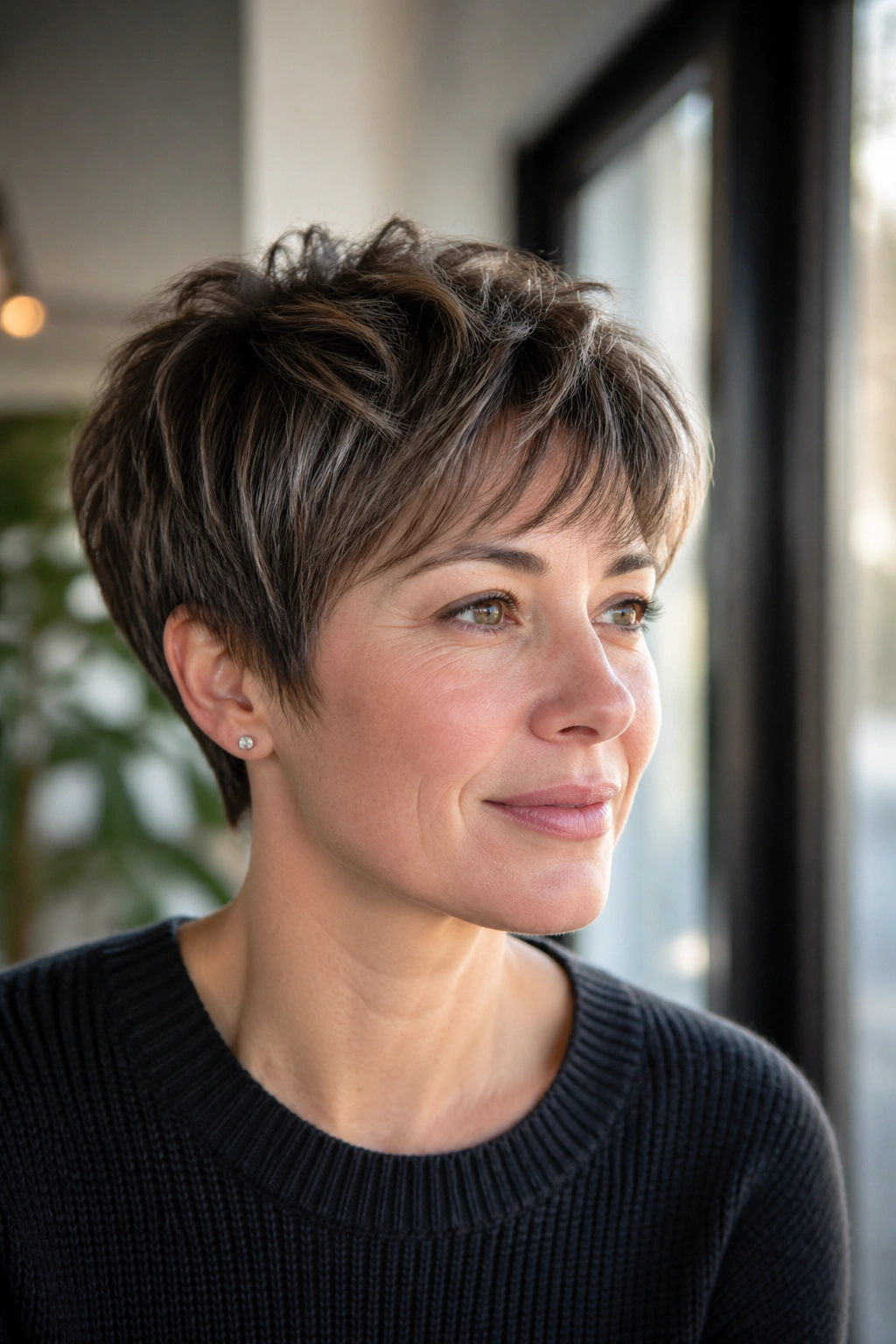 Close-up portrait of a real person with a feathered crop hairstyle