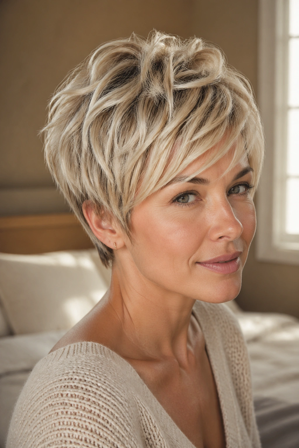 Close-up of a real woman with feathered crop and airy blonde layers in natural window light