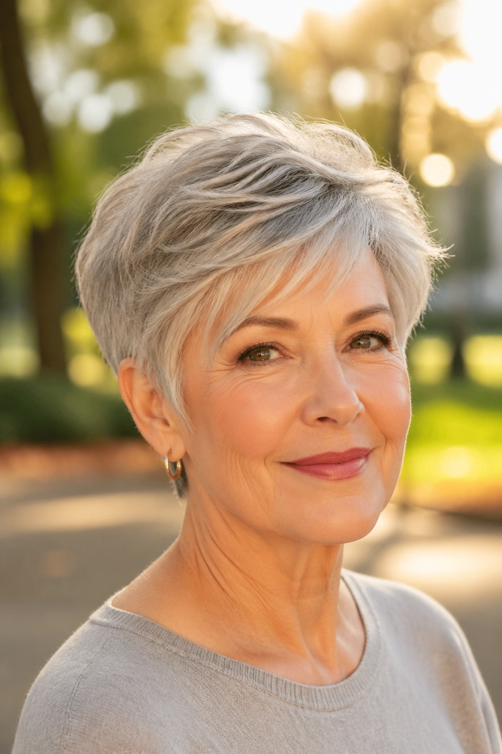 Real woman with a feathered crop hairstyle in golden hour light