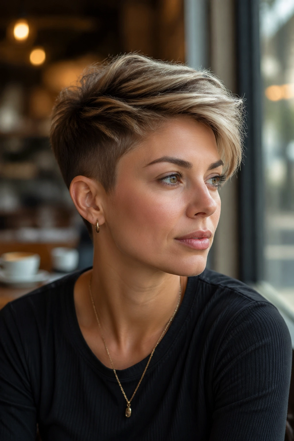 Close-up portrait of a real woman with feathered crop and long top hairstyle in natural cafe light