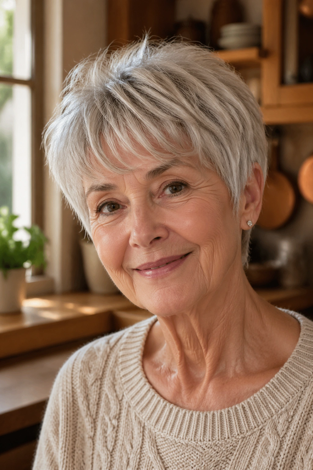 Close-up of an older woman with a feathered crop, soft framed silhouette
