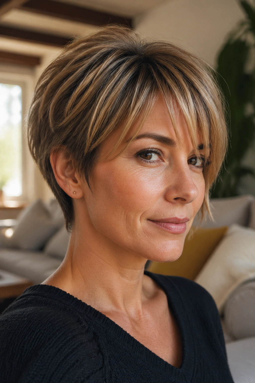 Close-up of a real woman with feathered edges around temple and crown on straight hair.