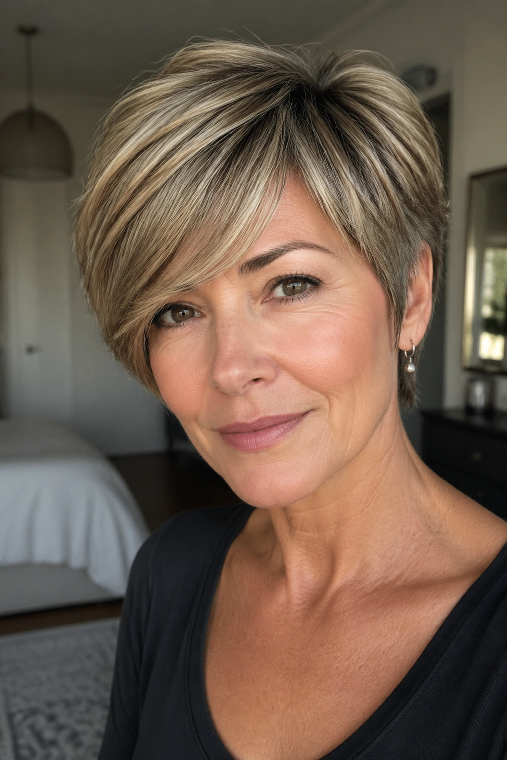 Portrait of a woman with feathered crop and side bangs