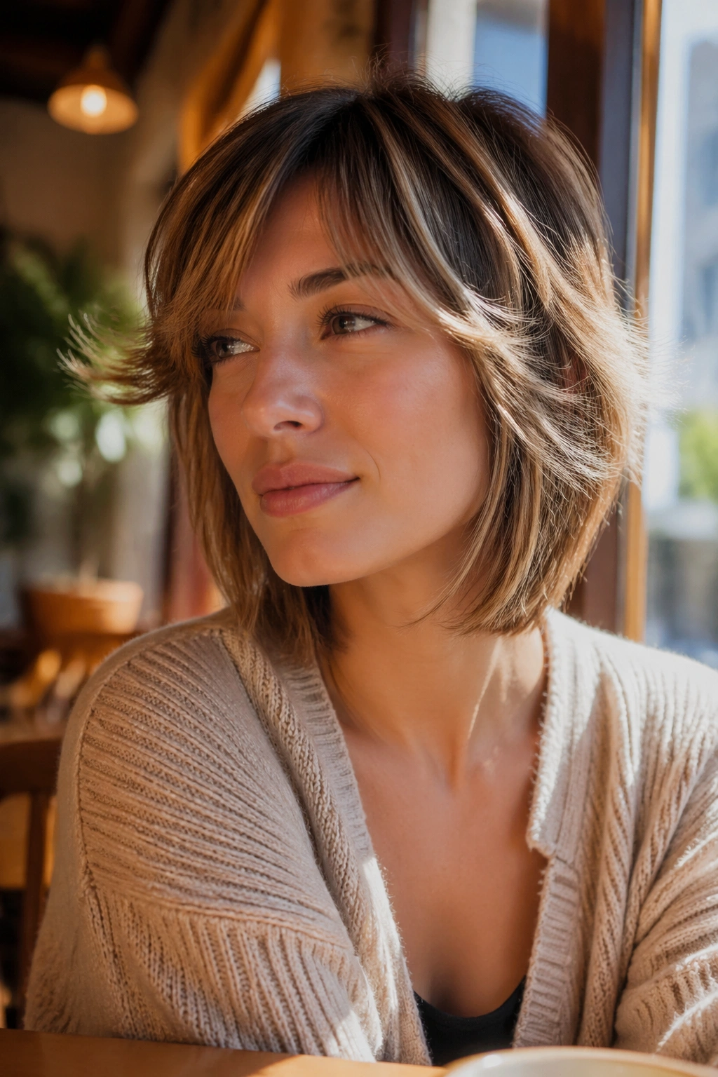 Close-up portrait of a real woman with a feathered crop for medium straight hair
