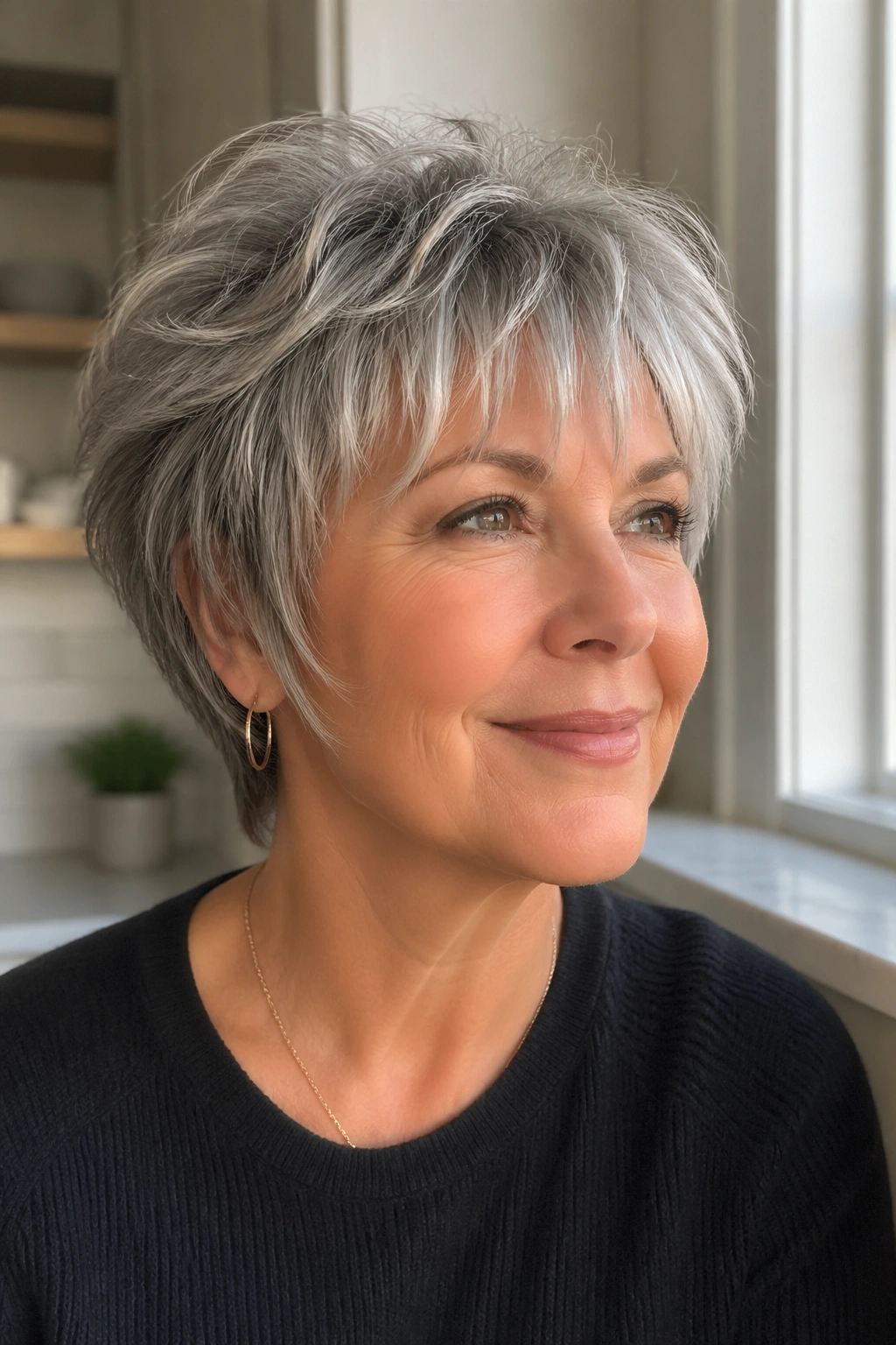 Portrait of a woman with a feathered crop and wispy bangs.