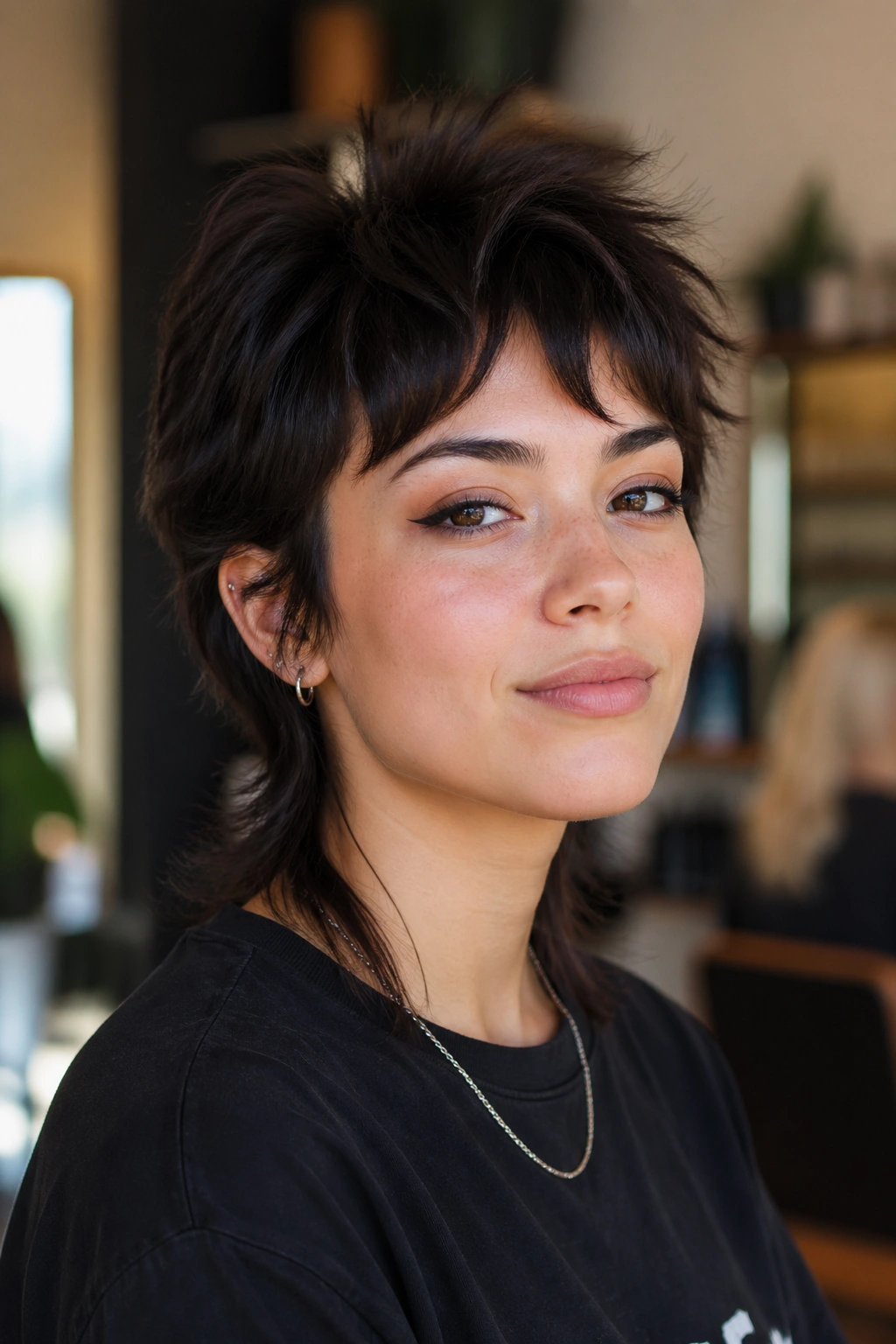 Portrait of person with feathered crown mullet under natural light