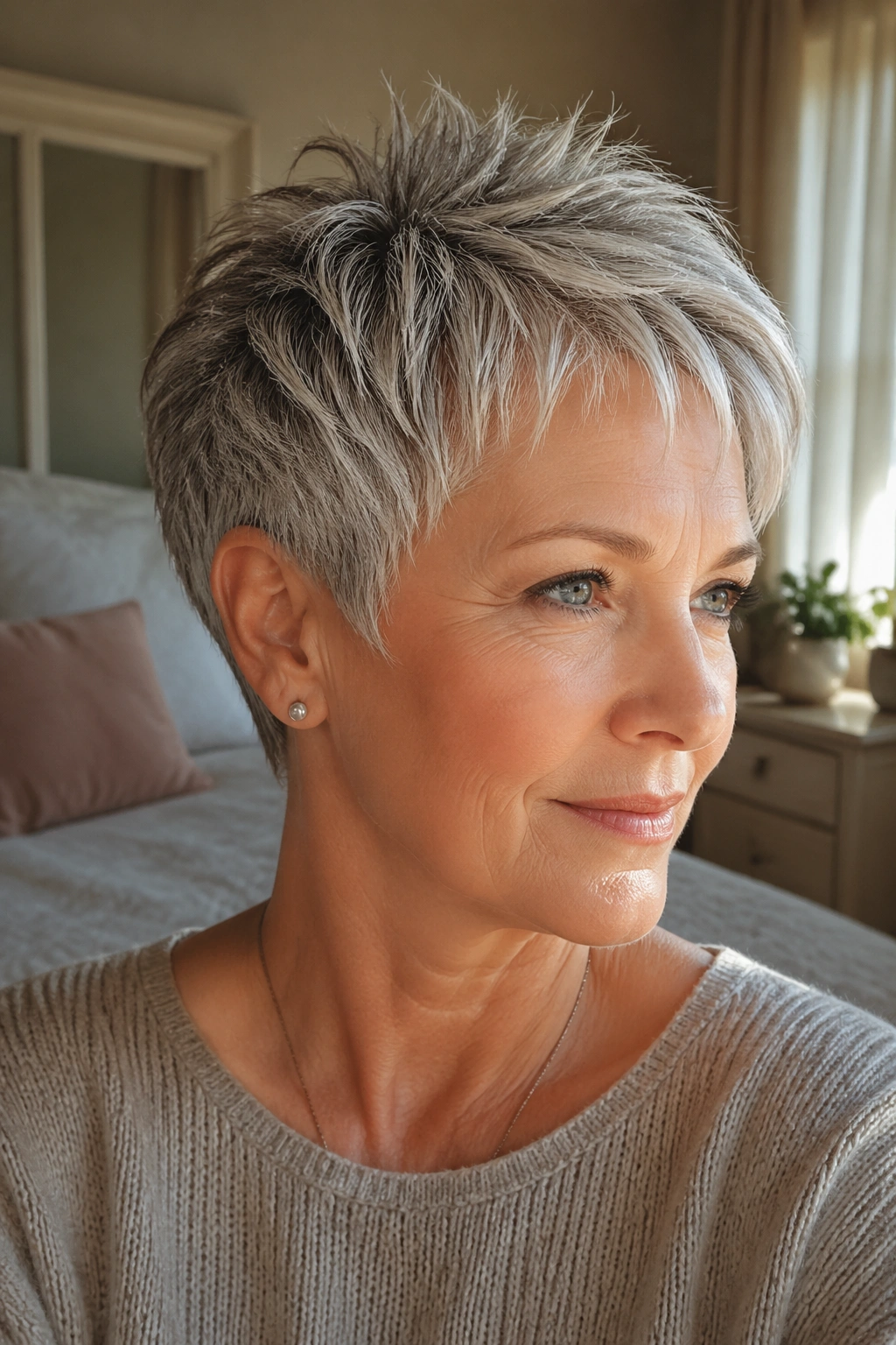 Close-up of real woman with feathered crown pixie in a sunlit bedroom