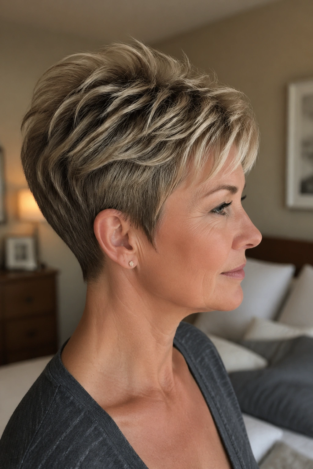 Close-up portrait of a real woman showing a feathered crown pixie for thick hair