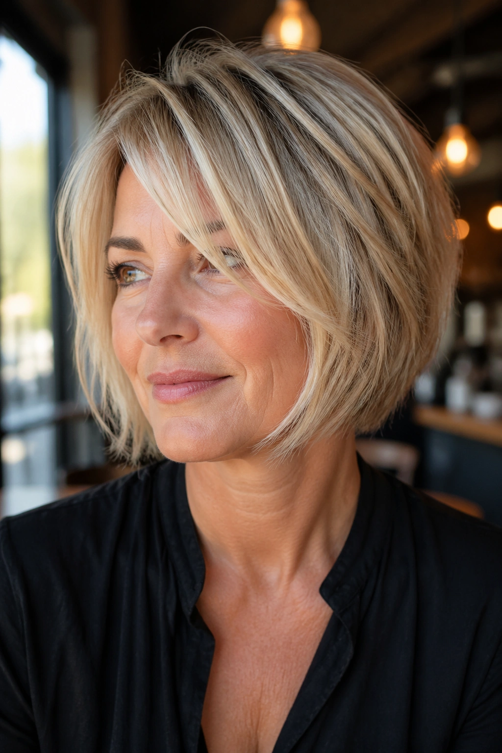 Close-up of a real woman with feathered asymmetrical haircut