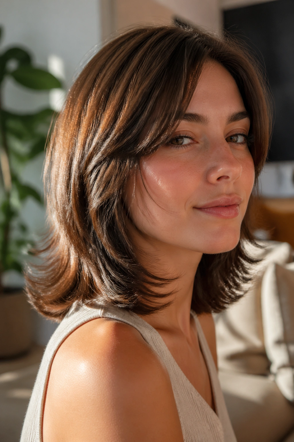 Close-up of a real person with feathered flip-out ends framing the face.