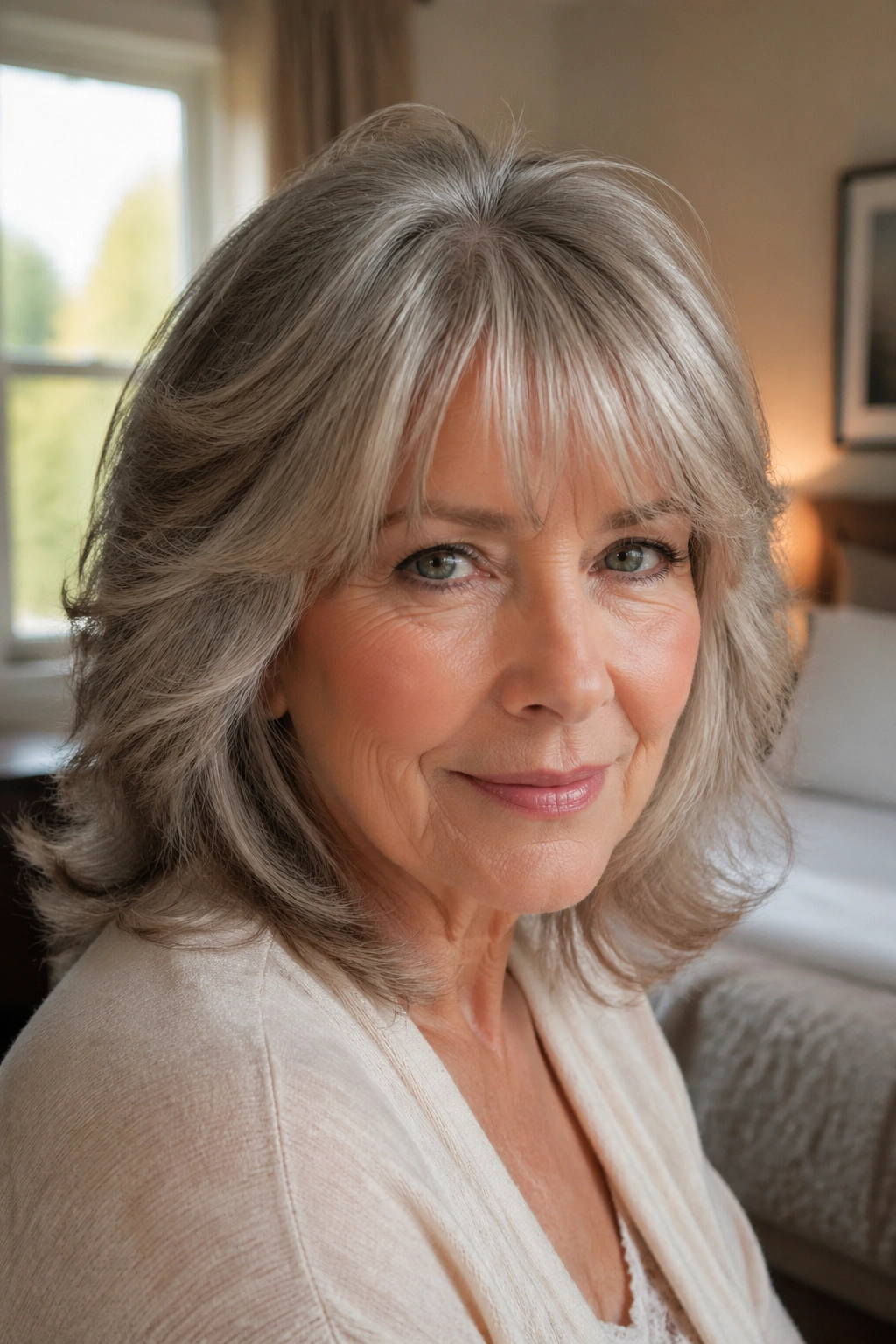 Close-up of an older woman with a feathered fringe and brow-skimming cut in soft window light