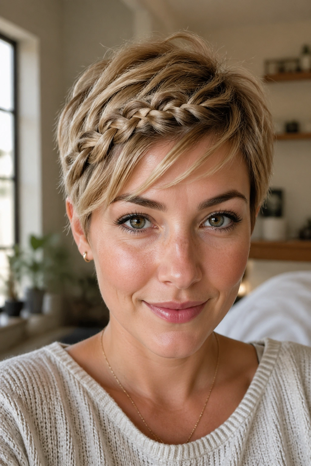 Portrait of a real person with a feathered fringe swept into a tiny bubble braid across the forehead.