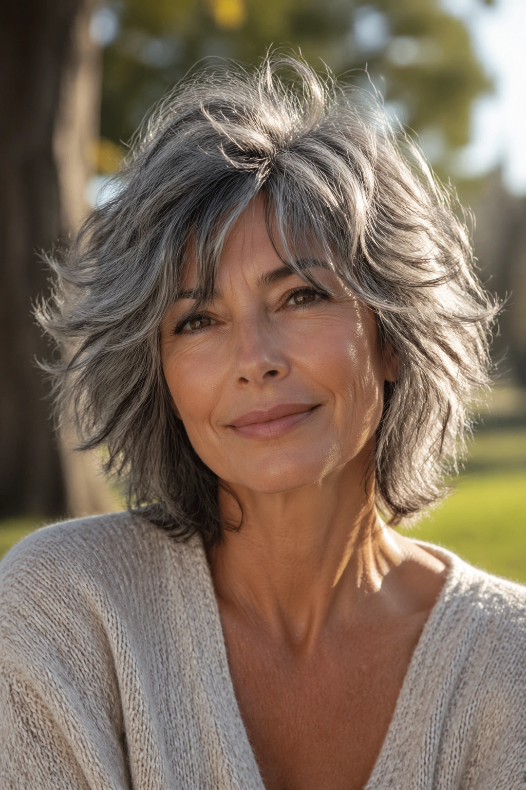 Close-up of a real woman with feathered gray shag hairstyle.