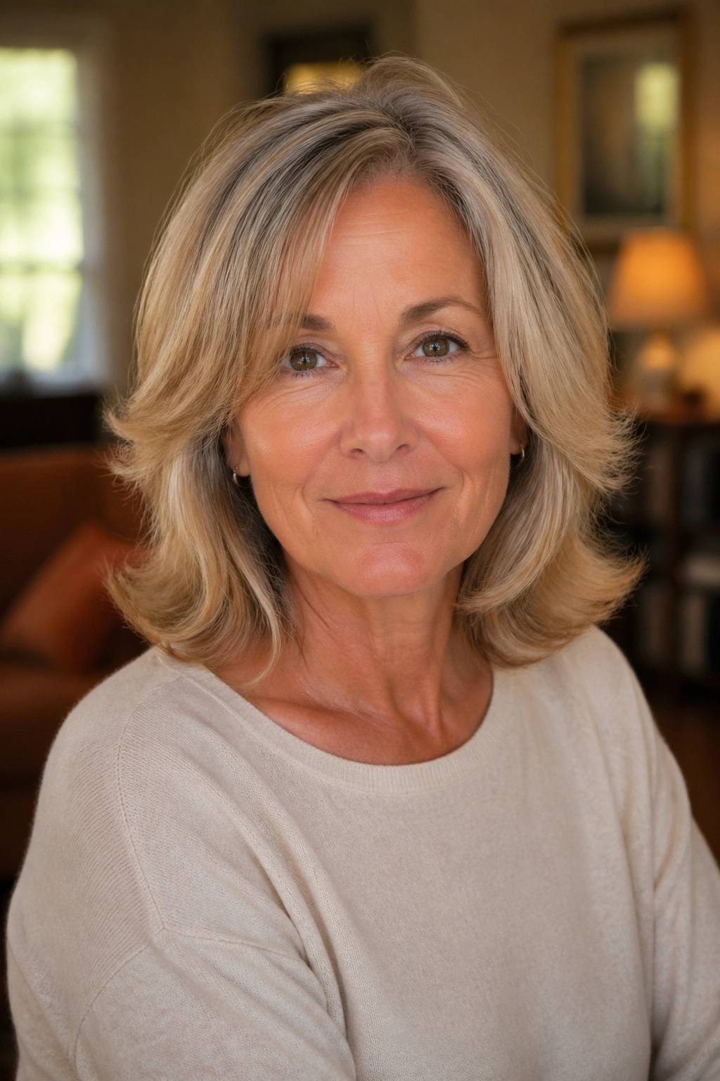 Face-forward close-up of a real woman with a feathered shoulder flip.