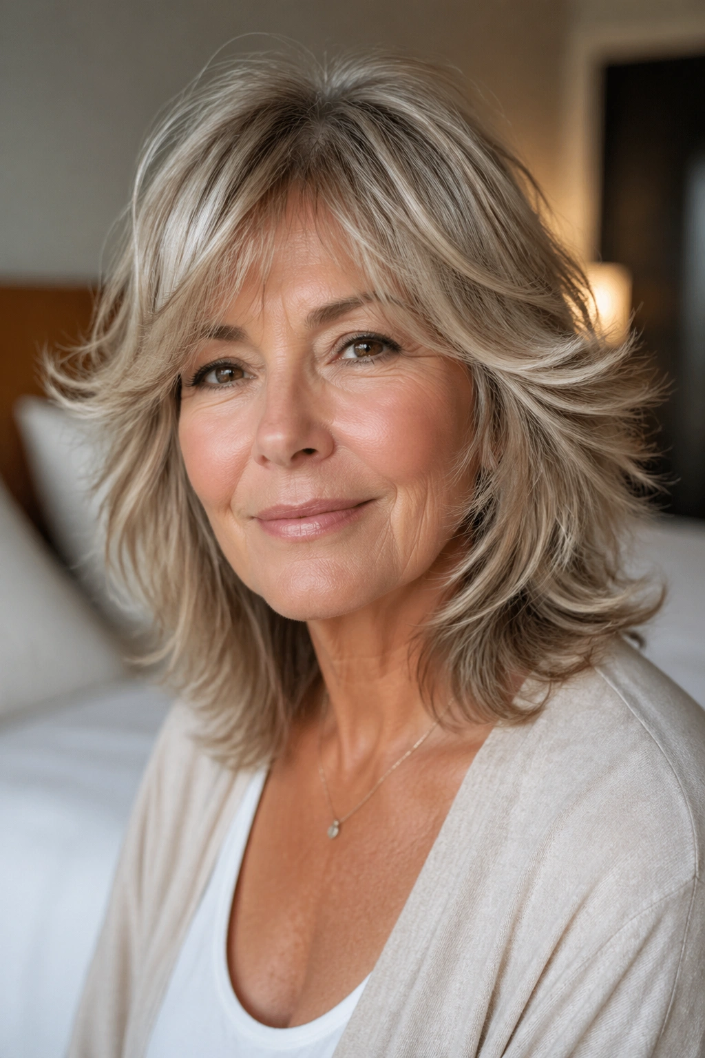 Close-up portrait of a real woman with a feathered midi cut and soft layers
