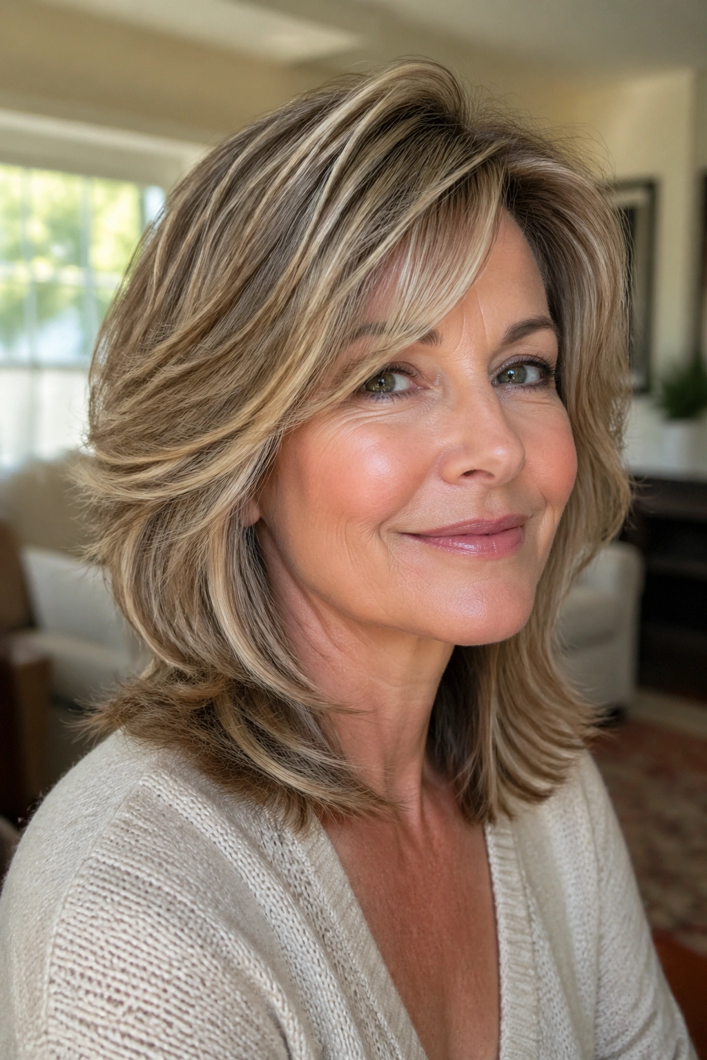Close-up portrait of a woman with feathered layers framing her face in natural light