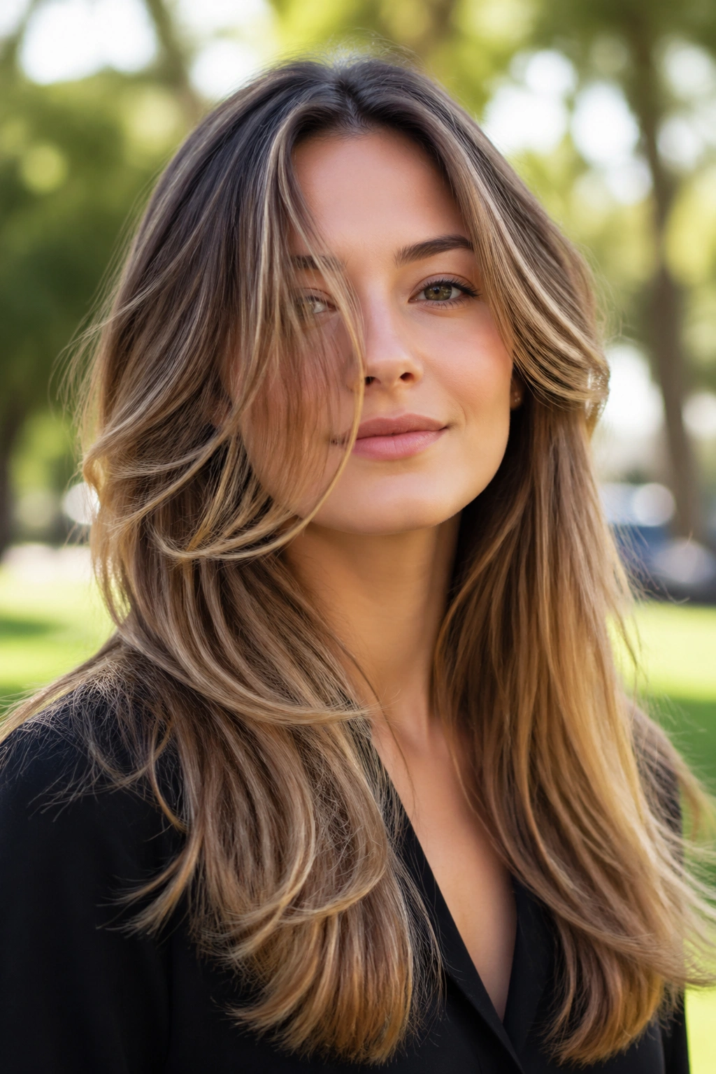 Portrait of a woman with feathered long layers starting below cheekbones and light movement in hair.