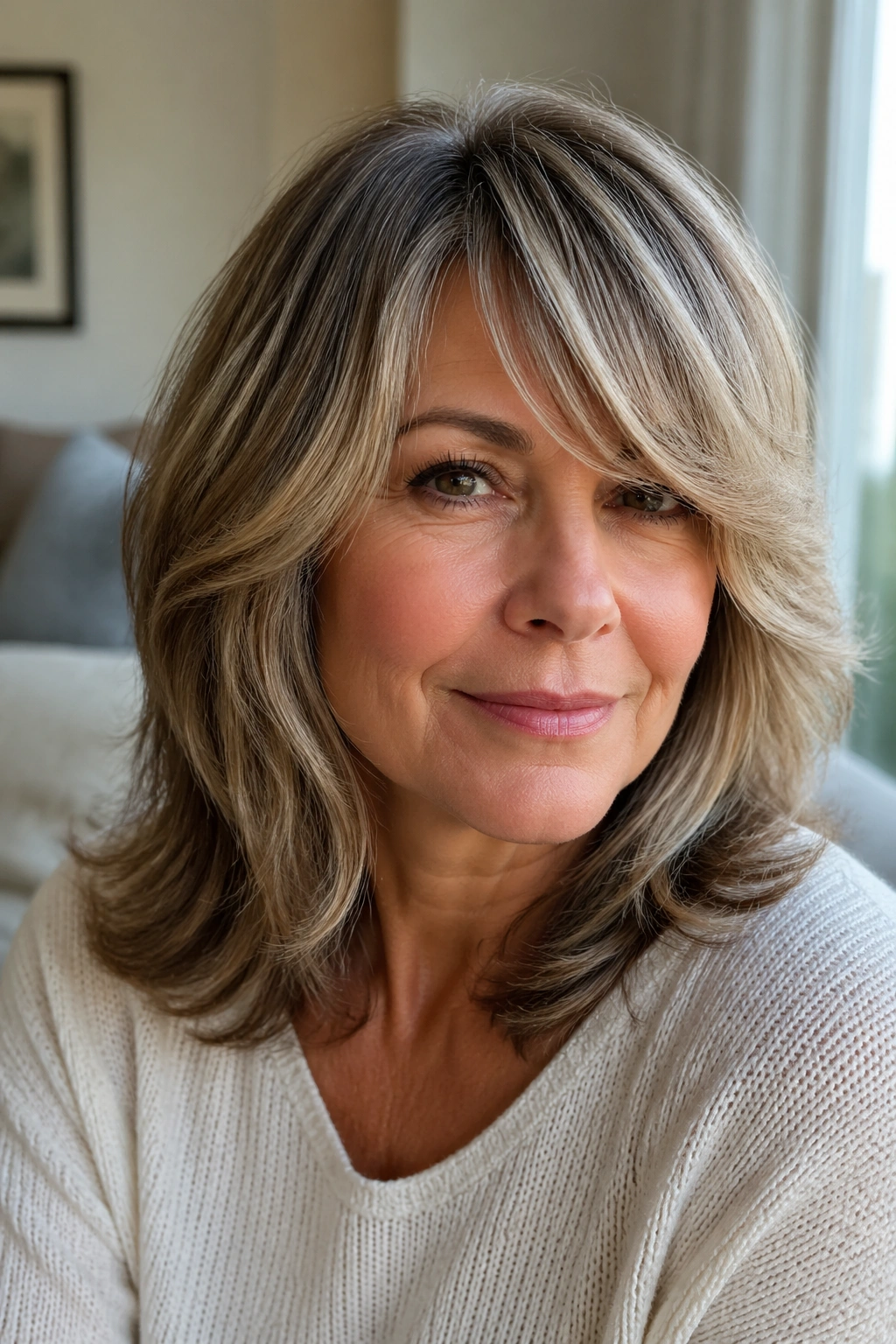 Close-up of a real woman with feathered mid-length hair and side-swept fringe in warm daylight.