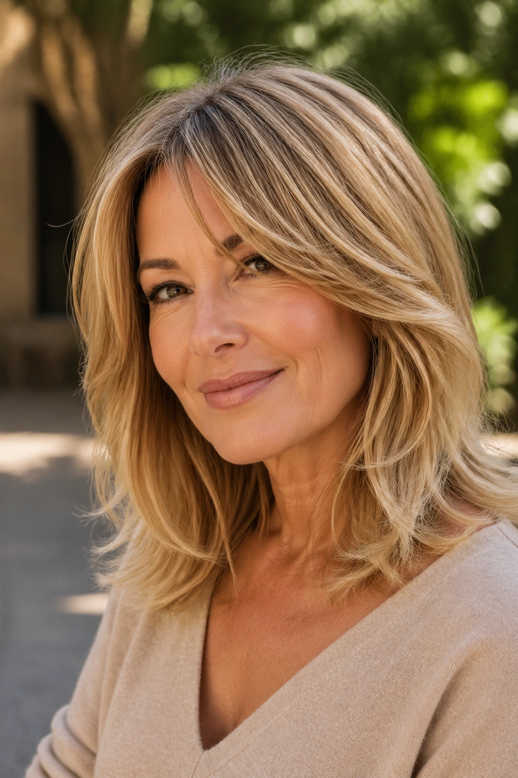 Close-up of a real woman with feathered mid-length layers in honey blonde