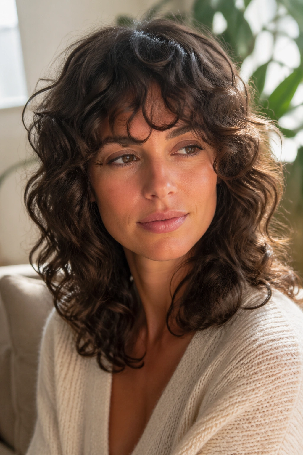 Close-up of a woman with feathered mid-length perm in a bright living room