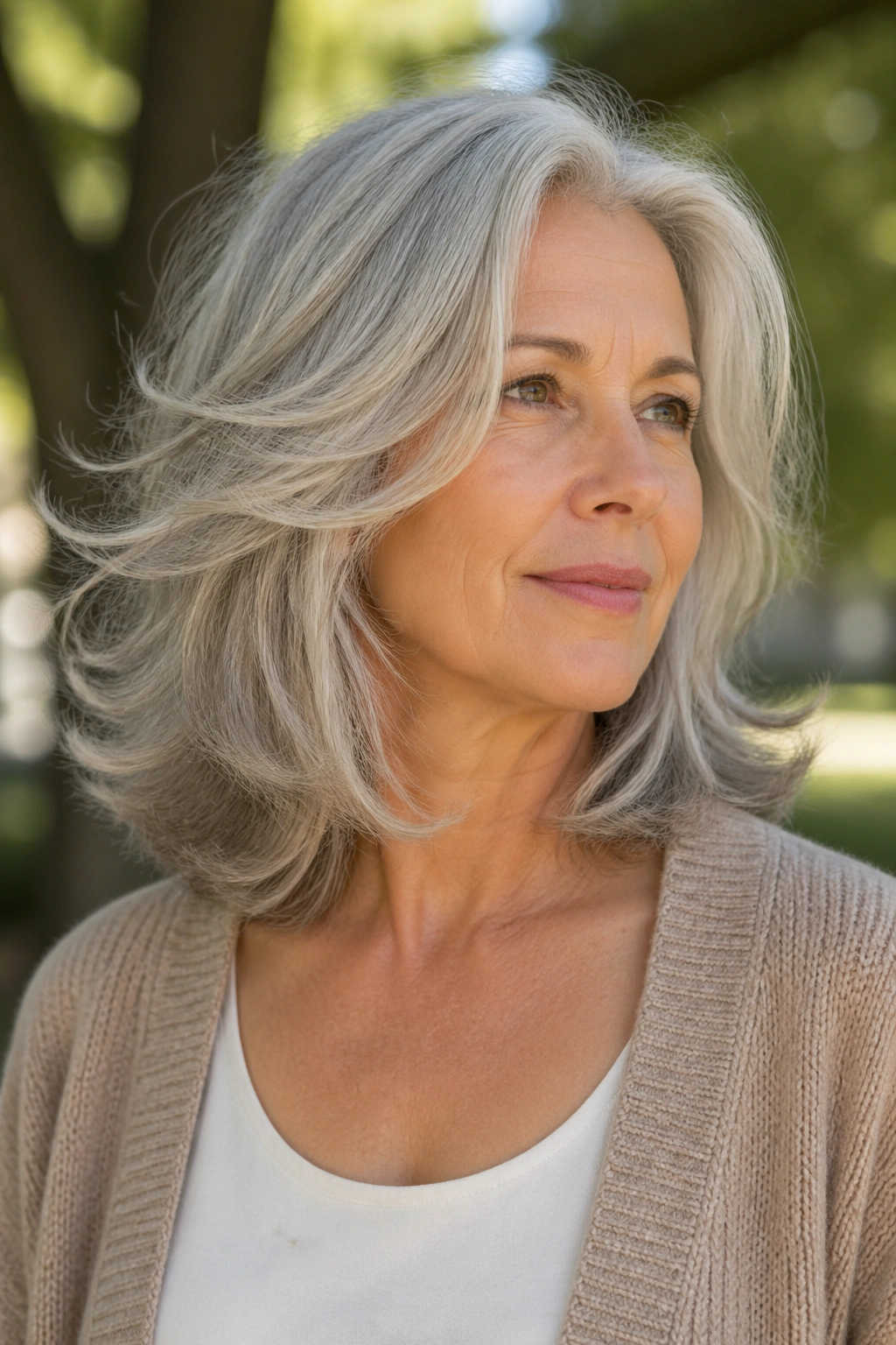 Real woman with feathered midi cut showing airy movement in park light.
