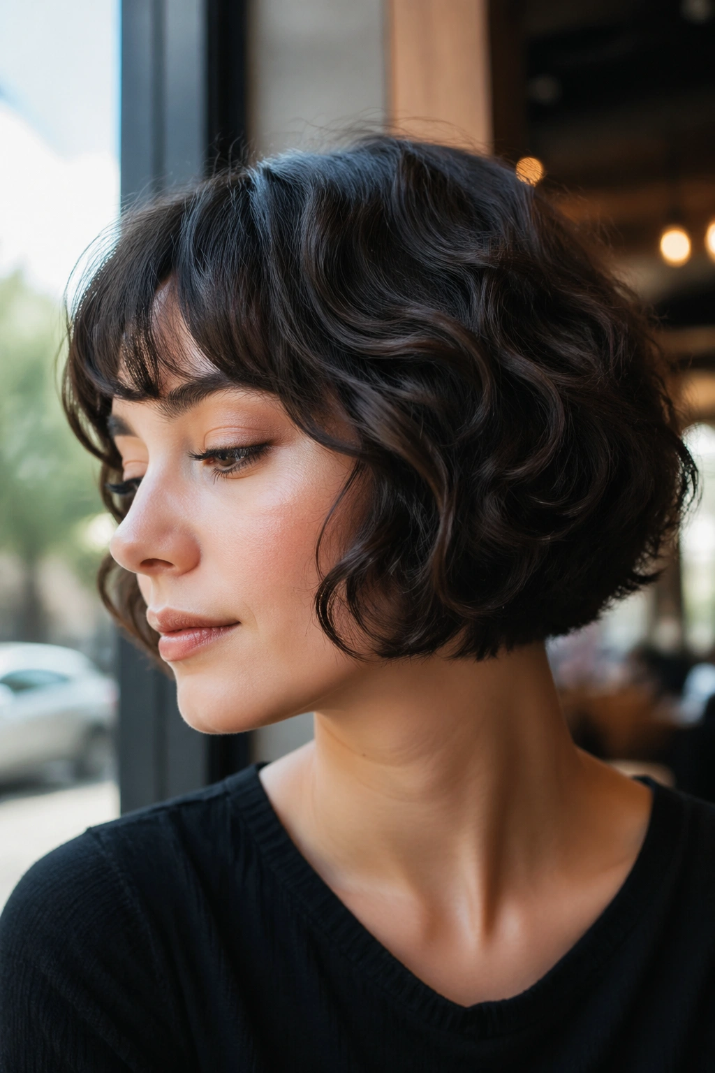 Close-up of a real woman with a feathered French bob