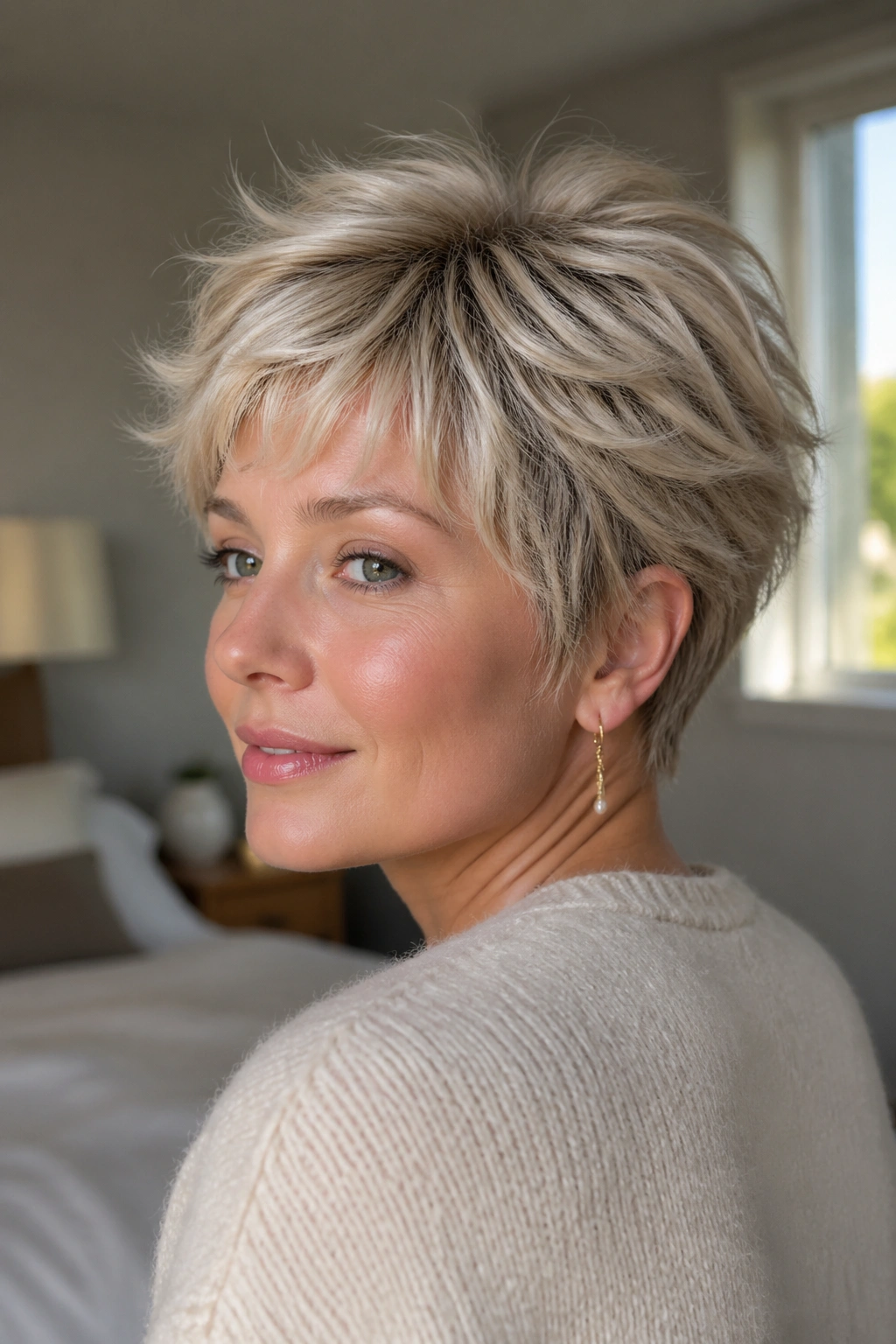 Close-up of a woman with a feathered pixie in cozy bedroom light