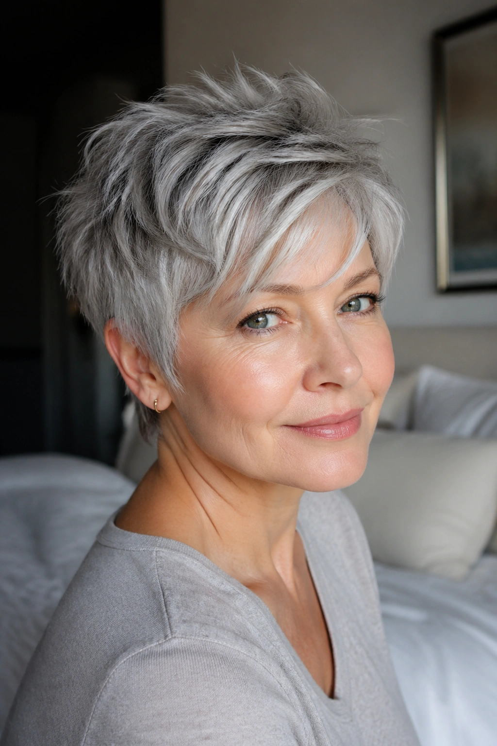 Close-up of a real woman with a feathered pixie and airy layers, soft crown lift.