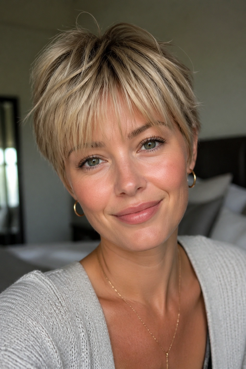 Close-up of a real woman with feathered pixie and brow-grazing bangs under warm window light