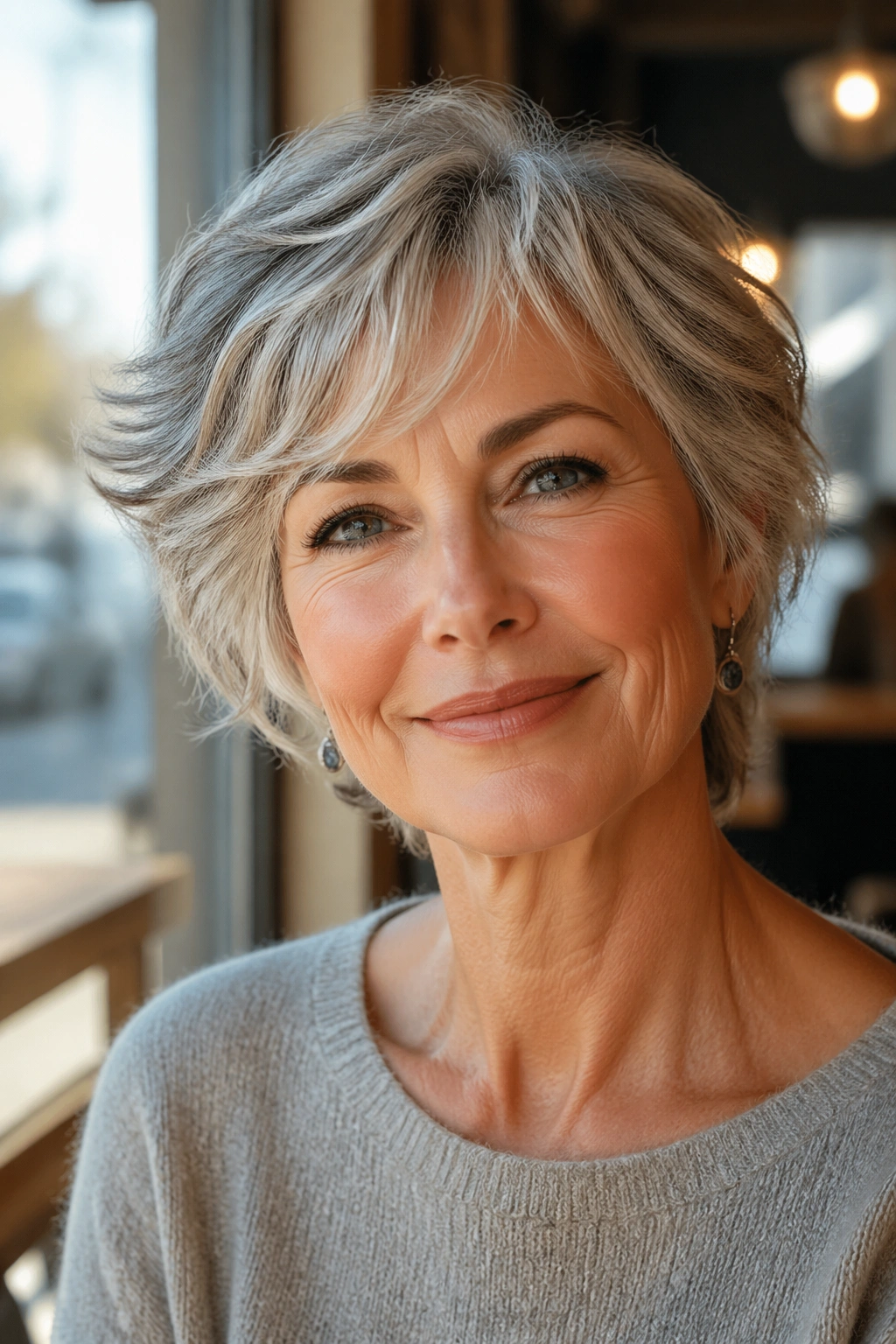 Close-up portrait of a real woman with a feathered pixie-bob hairstyle