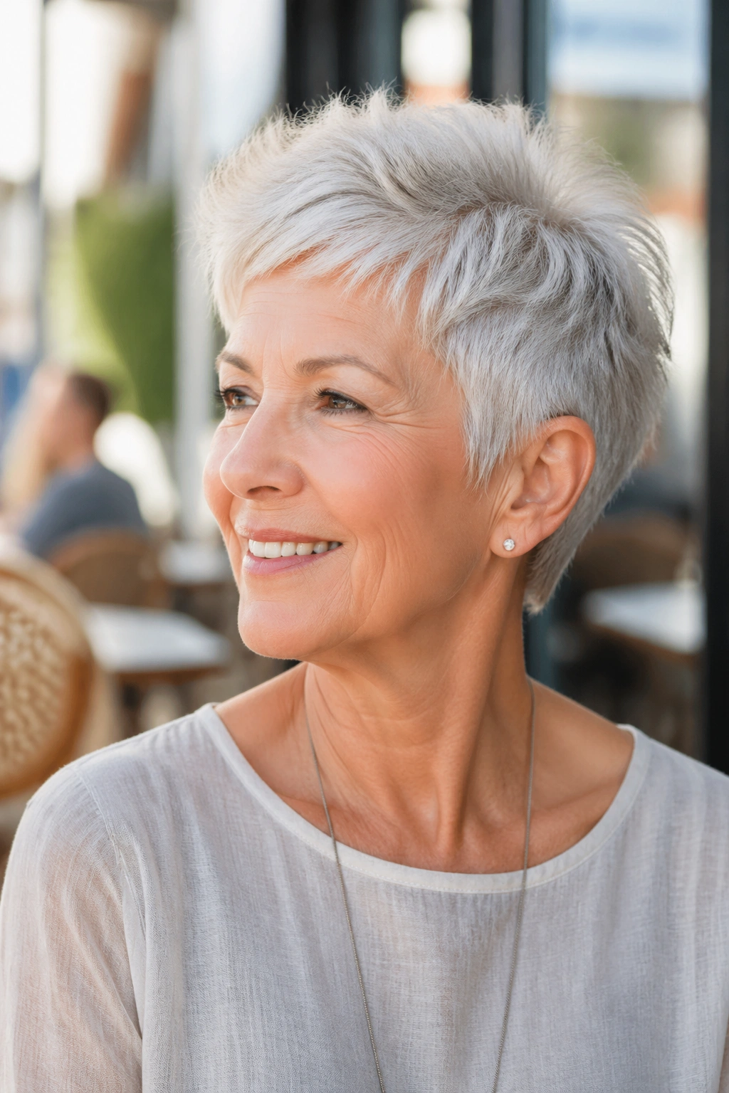 Senior woman with feathered pixie showing crown lift in sunlit cafe