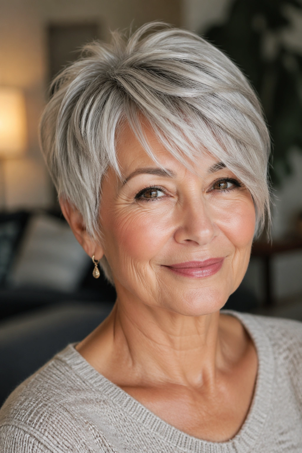 Close-up of a 60+ woman with a feathered pixie and side-swept fringe.