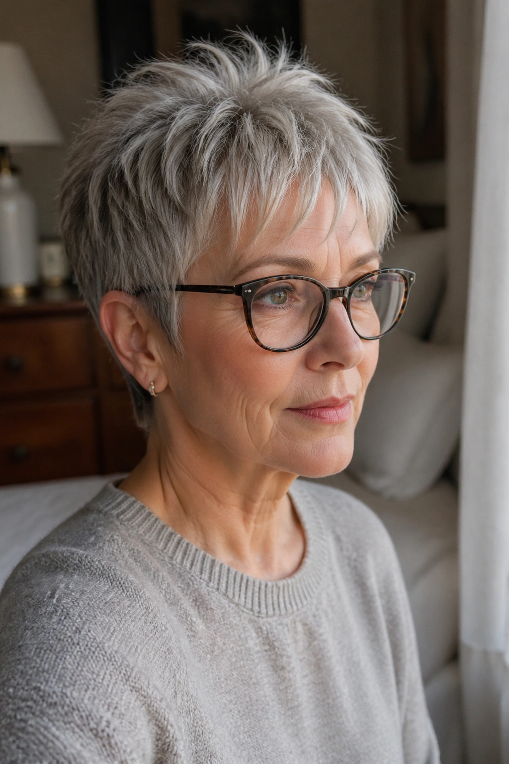 Close-up of a mature woman with feathered pixie and wispy fringe